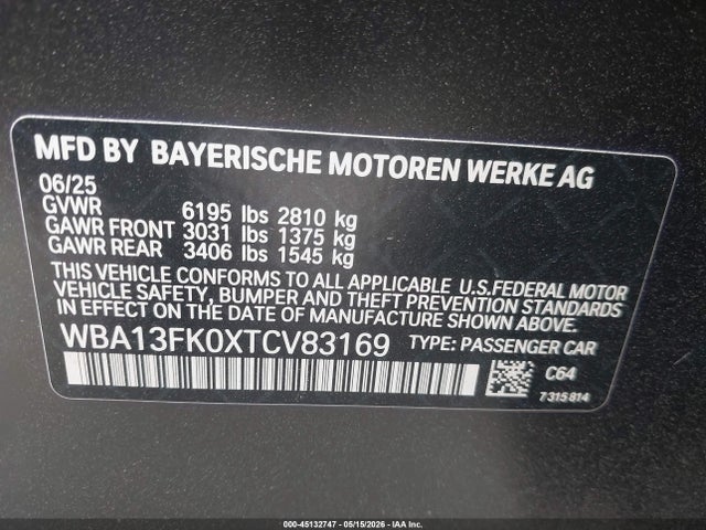 2026 Bmw 550e Xdrive მანქანა იყიდება აუქციონზე, vin: WBA13FK0XTCV83169, აუქციონის ნომერი: 45132747
