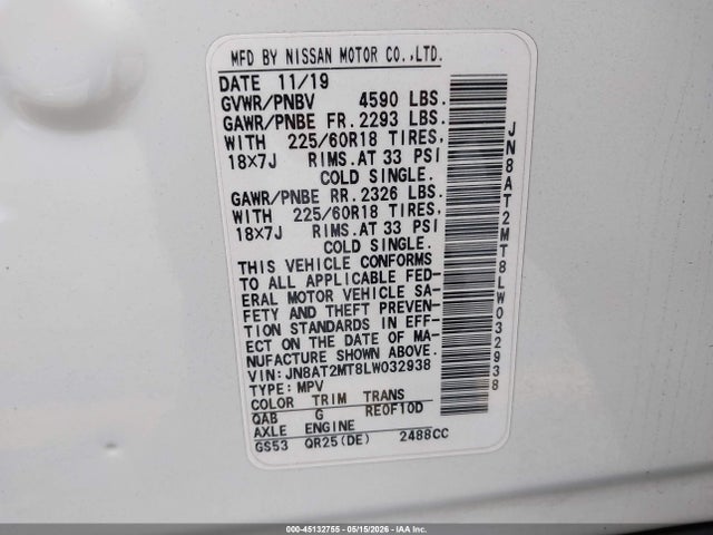 JN8AT2MT8LW032938 Nissan Rogue Sv Fwd