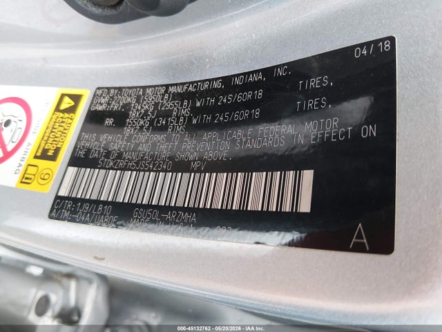 Aukcja sprzedaży 2018 Toyota Highlander Xle, vin: 5TDKZRFH5JS542340, numer aukcji: 45132762