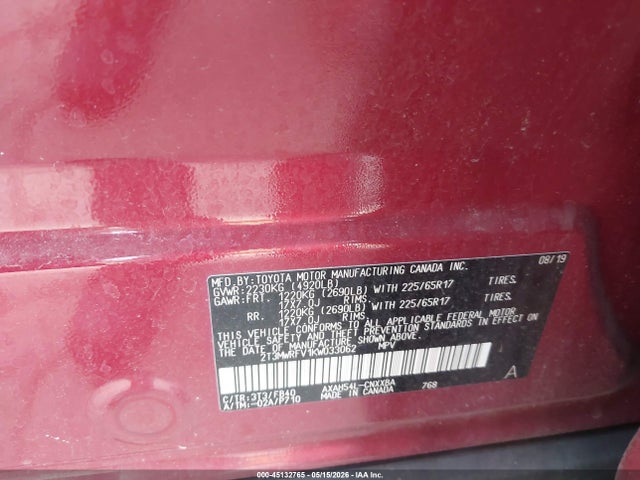 2T3MWRFV1KW033062 Toyota Rav4 Hybrid Le