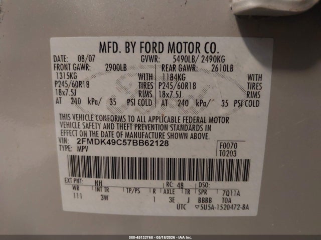 Продаж на аукціоні авто 2007 Ford Edge Sel Plus, vin: 2FMDK49C57BB62128, номер лоту: 45132768