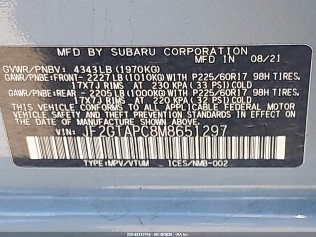 Продажа на аукционе авто 2021 Subaru Crosstrek Premium, vin: JF2GTAPC8M8651297, номер лота: 45132769