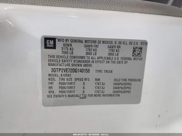 45132770 :رقم المزاد ، 3GTP2VE72DG140158 vin ، 2013 Gmc Sierra 1500 Sle مزاد بيع