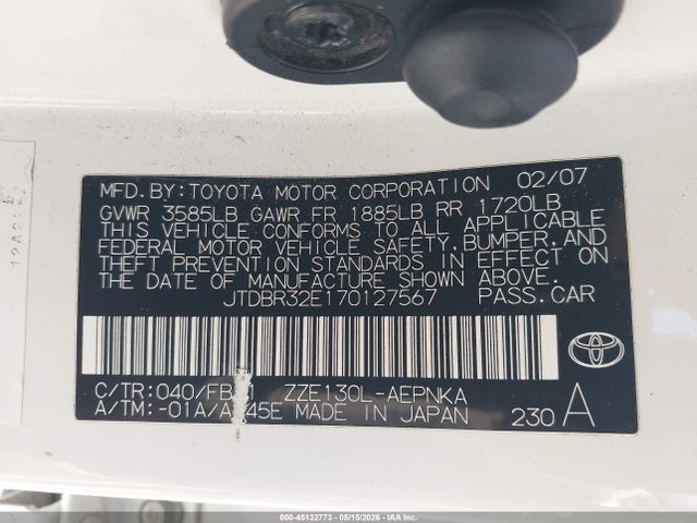 Aukcja sprzedaży 2007 Toyota Corolla Le, vin: JTDBR32E170127567, numer aukcji: 45132773