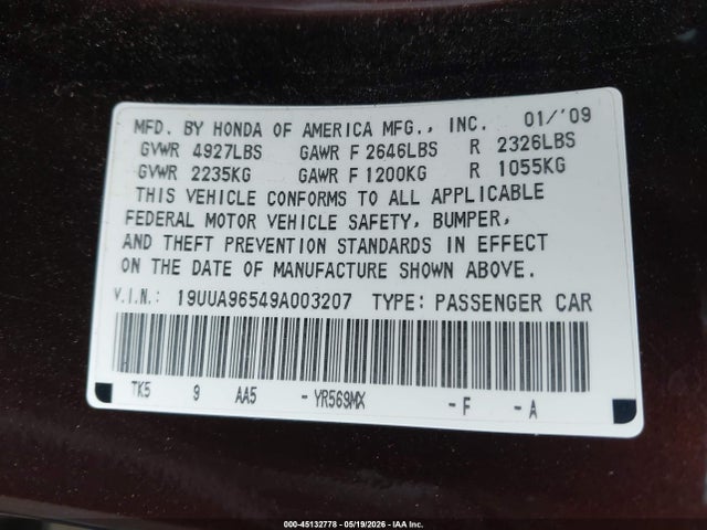 45132778 :رقم المزاد ، 19UUA96549A003207 vin ، 2009 Acura Tl 3.7 مزاد بيع