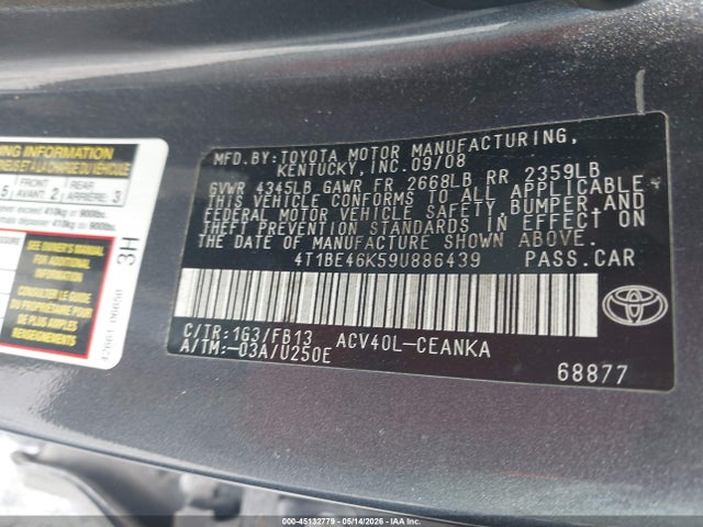 Продаж на аукціоні авто 2009 Toyota Camry Le, vin: 4T1BE46K59U886439, номер лоту: 45132779