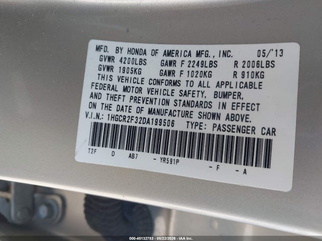 Auction sale of the 2013 Honda Accord Lx, vin: 1HGCR2F32DA199506, lot number: 45132783
