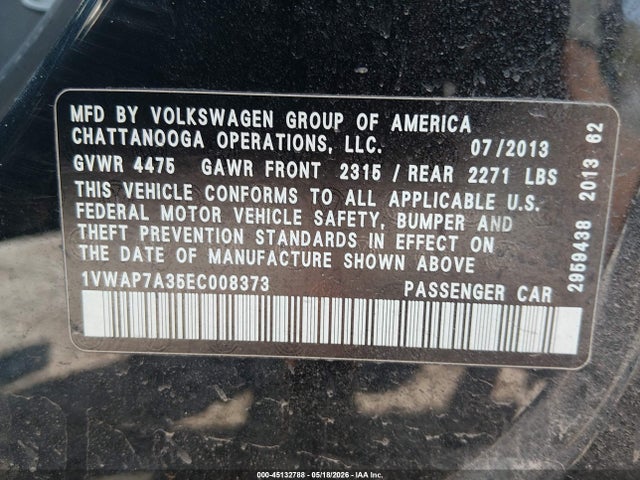 45132788 :رقم المزاد ، 1VWAP7A35EC008373 vin ، 2014 Volkswagen Passat 2.5l S مزاد بيع