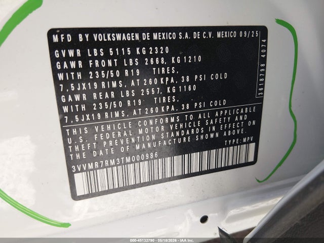 45132790 :رقم المزاد ، 3VVMR7RM3TM000986 vin ، 2026 Volkswagen Tiguan Se مزاد بيع