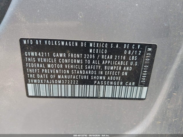 Aukcja sprzedaży 2013 Volkswagen Jetta 2.5l Se, vin: 3VWDX7AJ5DM372222, numer aukcji: 45132792