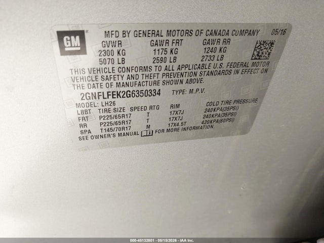 Продажа на аукционе авто 2016 Chevrolet Equinox Lt, vin: 2GNFLFEK2G6350334, номер лота: 45132801