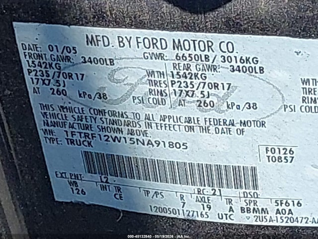 Продажа на аукционе авто 2005 Ford F-150 Stx/xl/xlt, vin: 1FTRF12W15NA91805, номер лота: 45132840