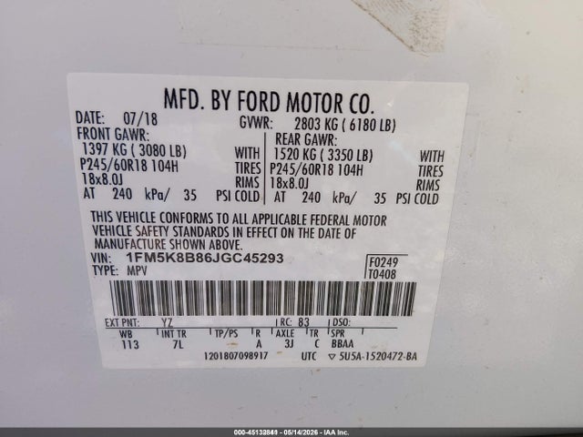 Aukcja sprzedaży 2018 Ford Explorer, vin: 1FM5K8B86JGC45293, numer aukcji: 45132841