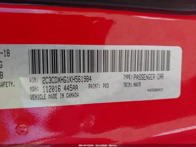 Продаж на аукціоні авто 2019 Dodge Charger Gt Rwd, vin: 2C3CDXHG1KH561984, номер лоту: 45132846