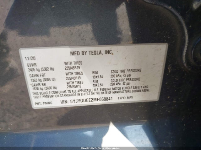 Aukcja sprzedaży 2021 Tesla Model Y Long Range Dual Motor All-wheel Drive, vin: 5YJYGDEE2MF069841, numer aukcji: 45132847