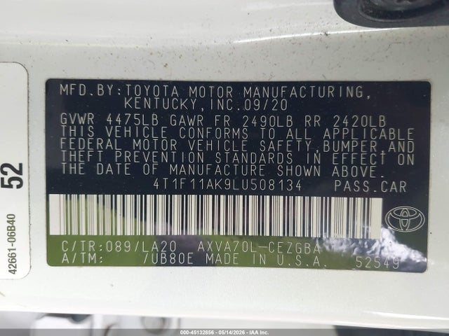 Продаж на аукціоні авто 2020 Toyota Camry Xle, vin: 4T1F11AK9LU508134, номер лоту: 45132856