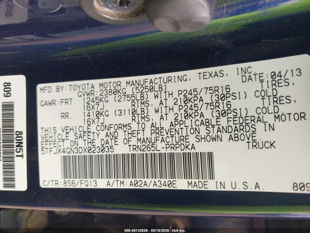Aukcja sprzedaży 2013 Toyota Tacoma Prerunner, vin: 5TFJX4GN3DX023035, numer aukcji: 45132859
