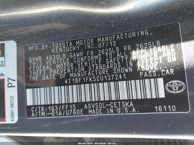 Aukcja sprzedaży 2012 Toyota Camry Se, vin: 4T1BF1FK5CU137241, numer aukcji: 45132878