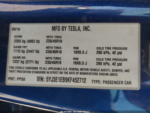 Aukcja sprzedaży 2019 Tesla Model 3 Long Range/performance, vin: 5YJ3E1EB9KF452712, numer aukcji: 45132886