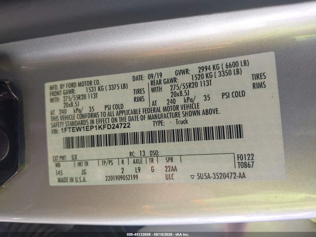 Aukcja sprzedaży 2019 Ford F-150 Xl, vin: 1FTEW1EP1KFD24722, numer aukcji: 45132889