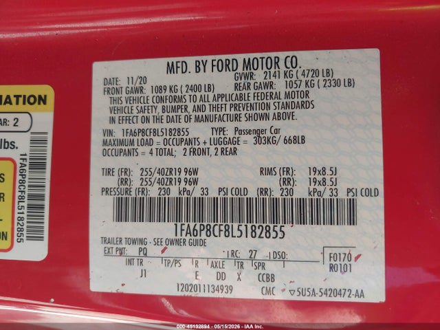 Продажа на аукционе авто 2020 Ford Mustang Gt Premium Fastback, vin: 1FA6P8CF8L5182855, номер лота: 45132894