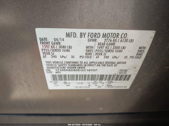 Aukcja sprzedaży 2014 Ford Explorer Xlt, vin: 1FM5K8D80EGC18707, numer aukcji: 45132940