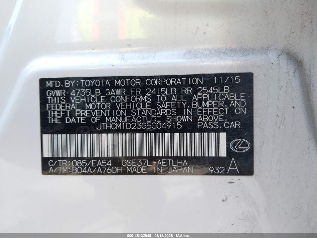 45132945 :رقم المزاد ، JTHCM1D23G5004915 vin ، 2016 Lexus Is 300 مزاد بيع