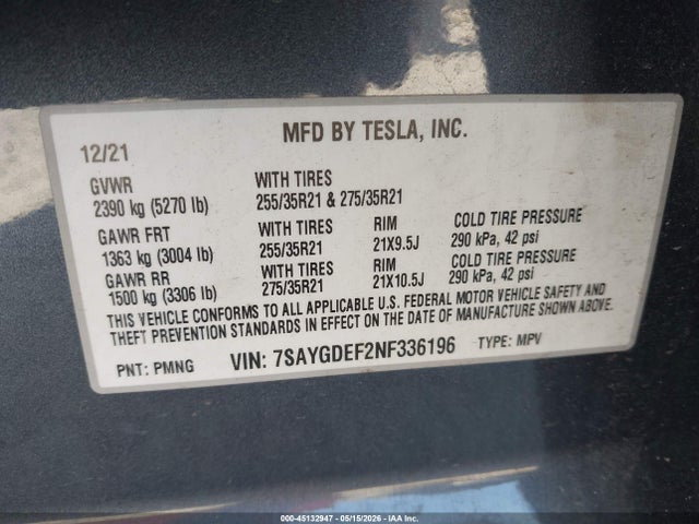 Продаж на аукціоні авто 2022 Tesla Model Y Performance Dual Motor All-wheel Drive, vin: 7SAYGDEF2NF336196, номер лоту: 45132947