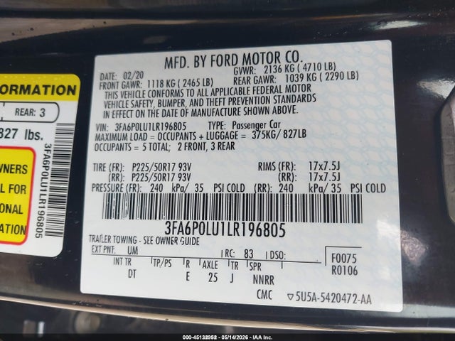 Aukcja sprzedaży 2020 Ford Fusion Hybrid Se, vin: 3FA6P0LU1LR196805, numer aukcji: 45132952