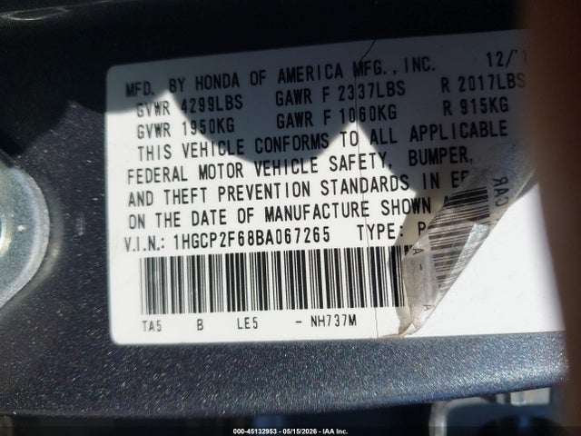 2011 Honda Accord 2.4 Se მანქანა იყიდება აუქციონზე, vin: 1HGCP2F68BA067265, აუქციონის ნომერი: 45132953