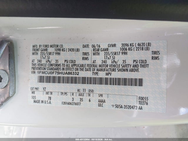 45132954 :رقم المزاد ، 1FMCU0F75HUA86332 vin ، 2017 Ford Escape S مزاد بيع