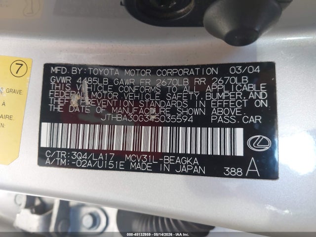 45132959 :رقم المزاد ، JTHBA30G345035594 vin ، 2004 Lexus Es 330 مزاد بيع