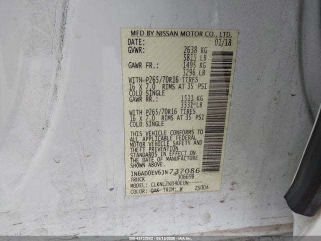 45132962 :رقم المزاد ، 1N6AD0EV6JN737086 vin ، 2018 Nissan Frontier Sv مزاد بيع