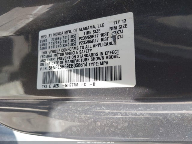 2014 Honda Odyssey Ex-l მანქანა იყიდება აუქციონზე, vin: 5FNRL5H69EB056614, აუქციონის ნომერი: 45132963
