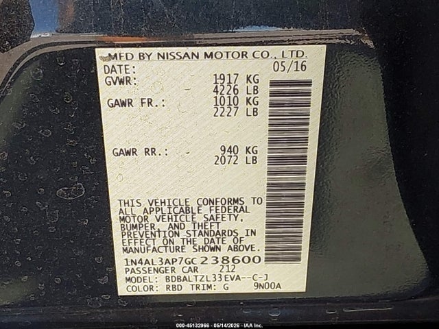 45132966 :رقم المزاد ، 1N4AL3AP7GC238600 vin ، 2016 Nissan Altima 2.5 Sl مزاد بيع