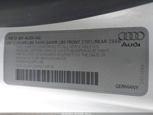 2013 Audi A7 3.0t Premium მანქანა იყიდება აუქციონზე, vin: WAU2GAFC2DN010918, აუქციონის ნომერი: 45132972