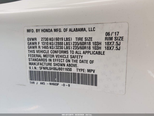 Honda Odyssey Touring 2018 5FNRL6H86JB011650 Image 9