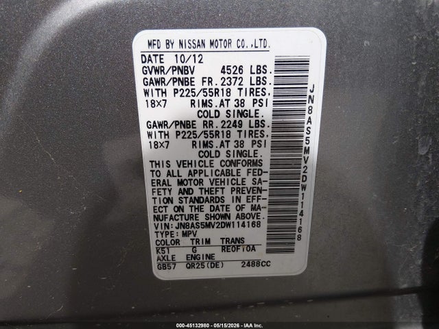2013 Nissan Rogue Sv W/sl Pkg მანქანა იყიდება აუქციონზე, vin: JN8AS5MV2DW114168, აუქციონის ნომერი: 45132980