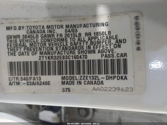 Aukcja sprzedaży 2003 Toyota Matrix Standard, vin: 2T1KR32E83C160470, numer aukcji: 45132981
