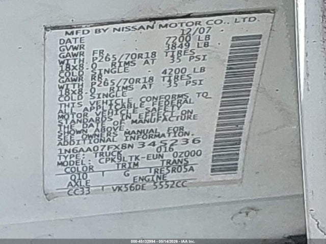 Продаж на аукціоні авто 2008 Nissan Titan Le/se/xe, vin: 1N6AA07FX8N345236, номер лоту: 45132994