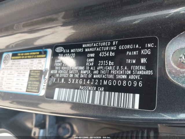 2021 Kia K5 Lxs მანქანა იყიდება აუქციონზე, vin: 5XXG14J21MG008096, აუქციონის ნომერი: 45132995