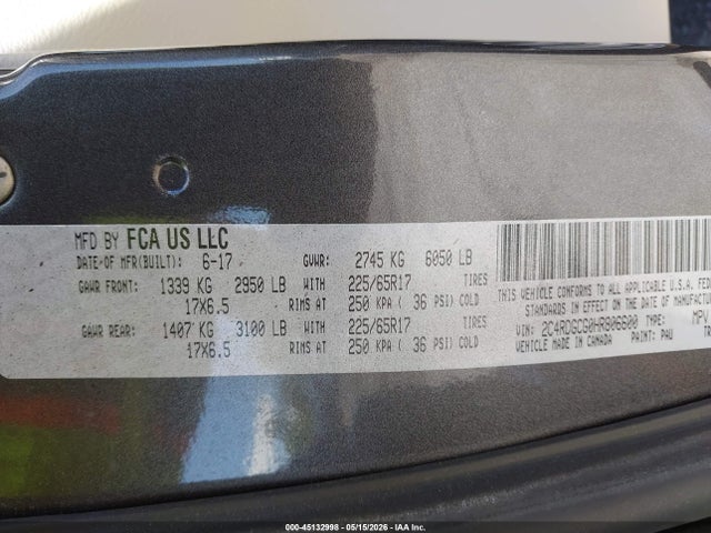 45132998 :رقم المزاد ، 2C4RDGCG0HR806600 vin ، 2017 Dodge Grand Caravan Sxt مزاد بيع