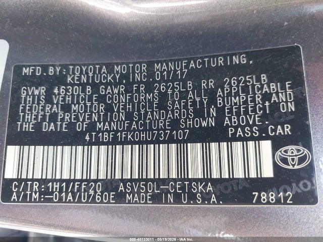 Продажа на аукционе авто 2017 Toyota Camry Se, vin: 4T1BF1FK0HU737107, номер лота: 45133011