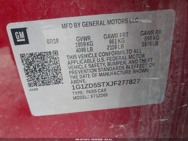 Продаж на аукціоні авто 2018 Chevrolet Malibu Lt, vin: 1G1ZD5STXJF277827, номер лоту: 45133013