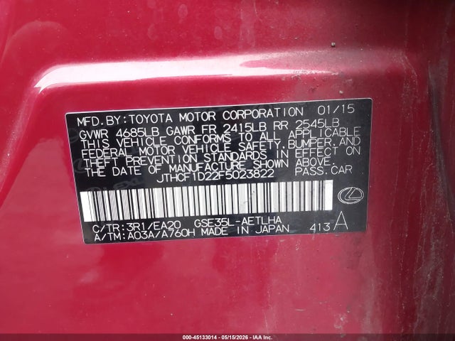 Aukcja sprzedaży 2015 Lexus Is 250, vin: JTHCF1D22F5023822, numer aukcji: 45133014