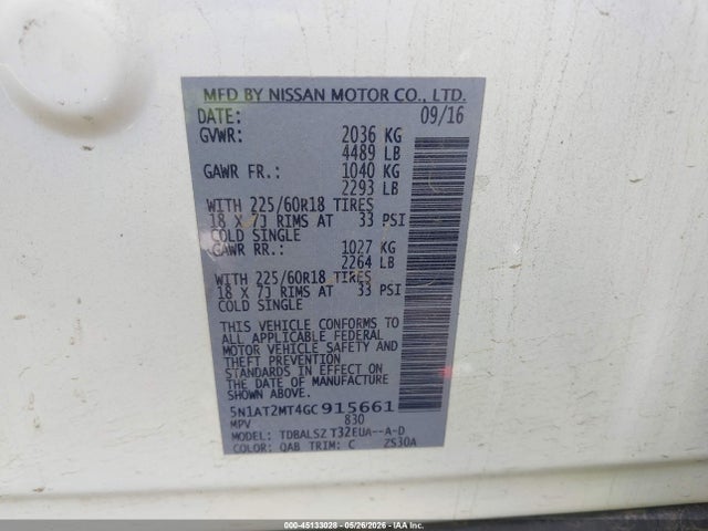 Aukcja sprzedaży 2016 Nissan Rogue Sl, vin: 5N1AT2MT4GC915661, numer aukcji: 45133028