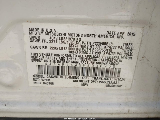 2015 Mitsubishi Outlander Sport Gt მანქანა იყიდება აუქციონზე, vin: 4A4AR4AW2FE030755, აუქციონის ნომერი: 45133035