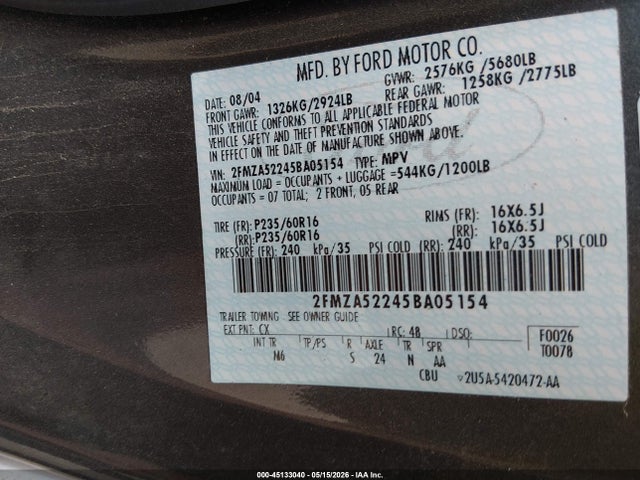 45133040 :رقم المزاد ، 2FMZA52245BA05154 vin ، 2005 Ford Freestar Sel مزاد بيع
