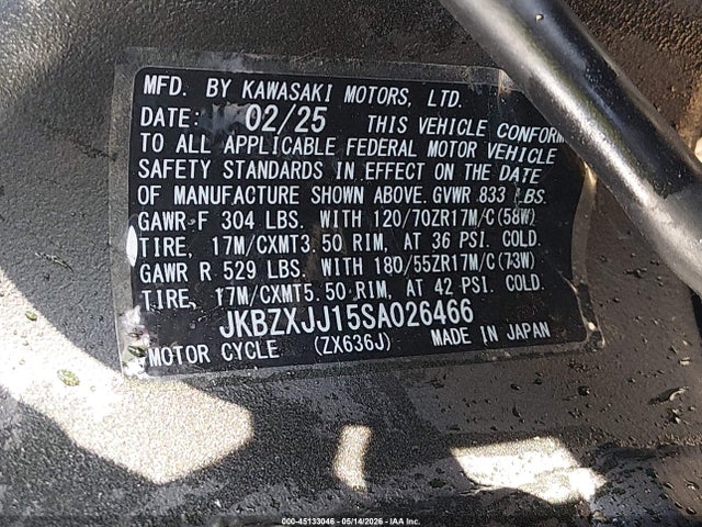 Aukcja sprzedaży 2025 Kawasaki Zx636 K, vin: JKBZXJJ15SA026466, numer aukcji: 45133046