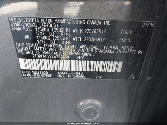 2T3RFREV7FW282768 Toyota Rav4 Xle